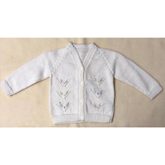Vintage 90s Knit Cardigan Sweater Girls 6-9M White Pastel Floral Embroidered - Picture 1 of 7